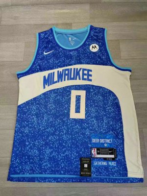 Maillot de Basket #0 Lillard Milwaukee Bucks 23-24 city Bleu Brodé